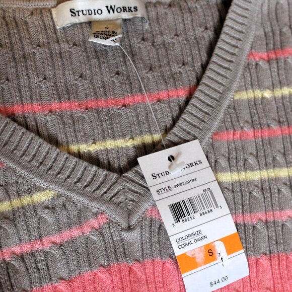 Studio Works Cotton V-Neck Striped Cable Sweater, Small, NWT - Picture 6 of 8